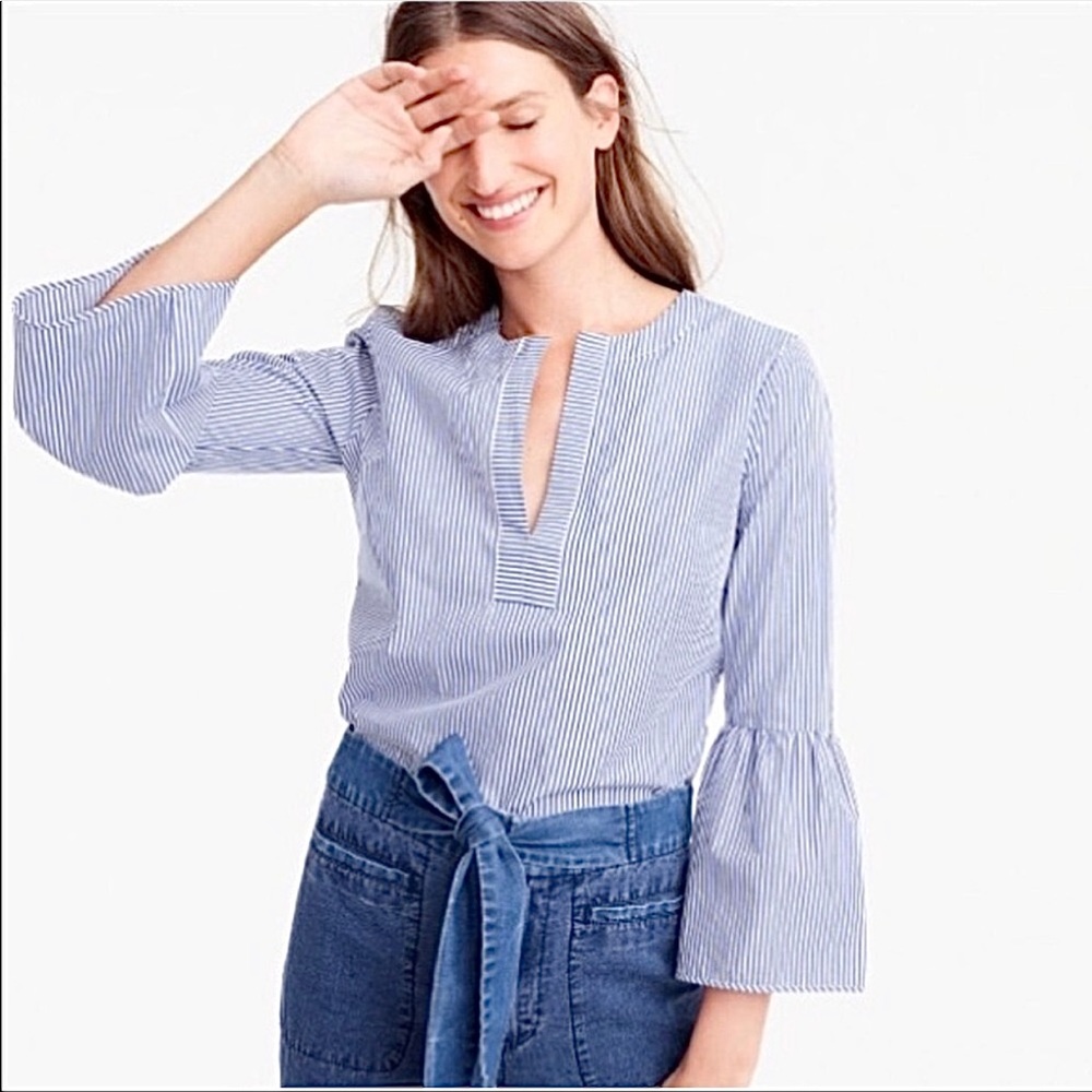 J Crew striped bell sleeve blouse in white and blue. Size 4